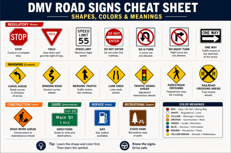 DMV Road Signs and Meanings Cheat Sheet
