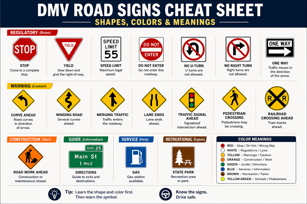 DMV Road Signs and Meanings Cheat Sheet